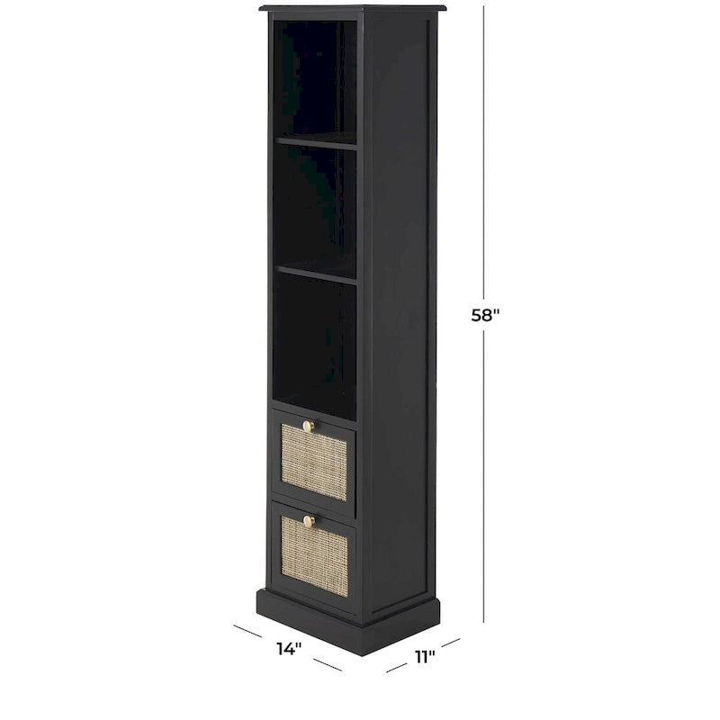 Meuble de rangement en bois 3 étagères et 2 tiroirs avec façade en rotin - Noir - Roche River Décor