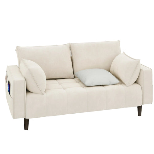 Canapé deux places capitonné en velours de 142 cm avec siège capitonné et poches de rangement latérales