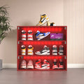 Boîte à chaussures lumineuse LED rouge à trois niveaux avec portes en verre, fabriquée en bois avec expertise