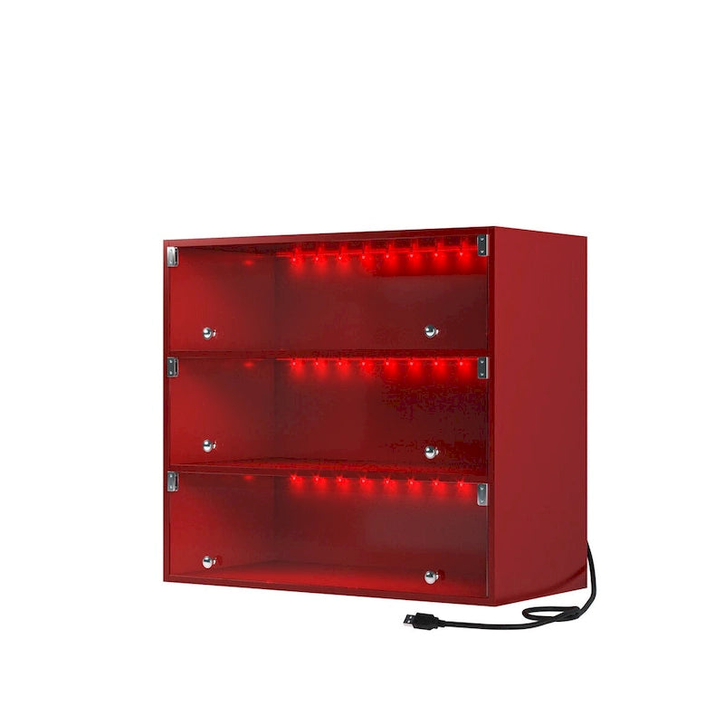 Boîte à chaussures lumineuse LED rouge à trois niveaux avec portes en verre, fabriquée en bois avec expertise