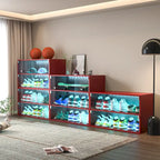 Boîte à chaussures lumineuse LED rouge à trois niveaux avec portes en verre, fabriquée en bois avec expertise