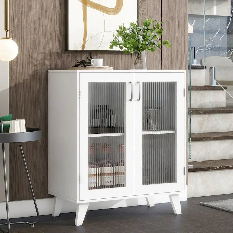 Meuble de rangement moderne pour salle de bain avec 2 portes en verre et étagère réglable Blanc