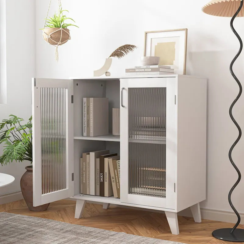 Meuble de rangement moderne pour salle de bain avec 2 portes en verre et étagère réglable Blanc