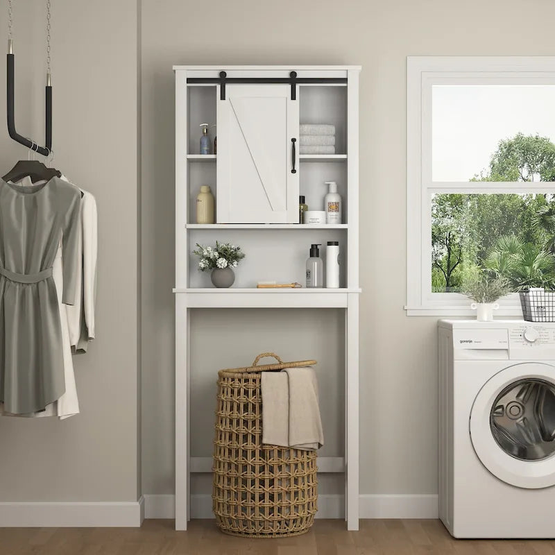 Armoire de rangement au-dessus des toilettes, meuble de salle de bain peu encombrant, avec étagères réglables et porte de grange 27,16 x 9,06 x 67 pouces