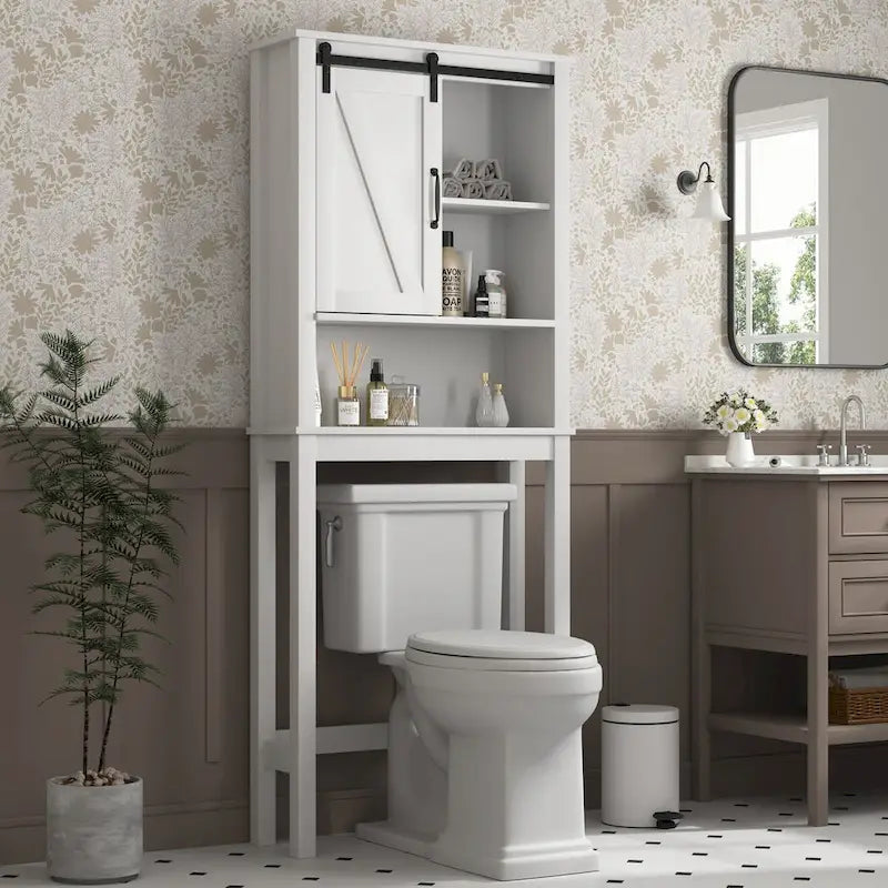 Armoire de rangement au-dessus des toilettes, meuble de salle de bain peu encombrant, avec étagères réglables et porte de grange 27,16 x 9,06 x 67 pouces