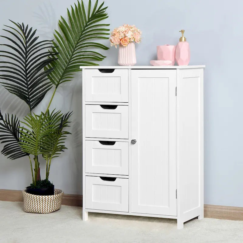 Meuble de rangement de salle de bain blanc, meuble bas avec étagère réglable et tiroirs