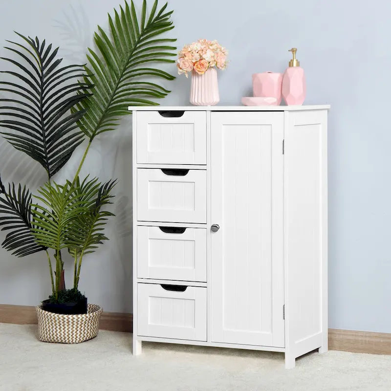 Meuble de rangement de salle de bain blanc, meuble bas avec étagère réglable et tiroirs