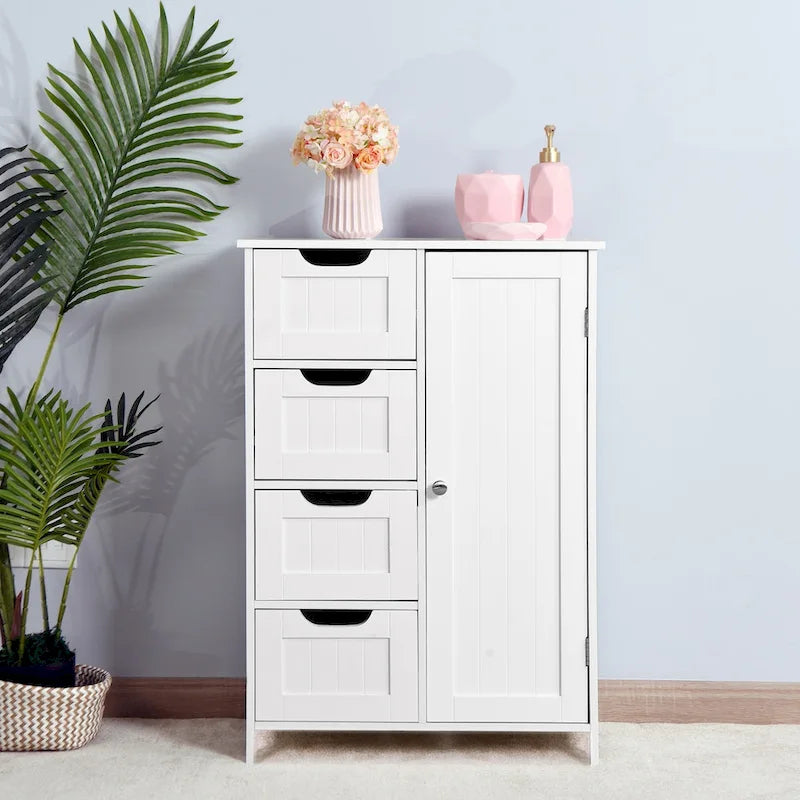 Meuble de rangement de salle de bain blanc, meuble bas avec étagère réglable et tiroirs