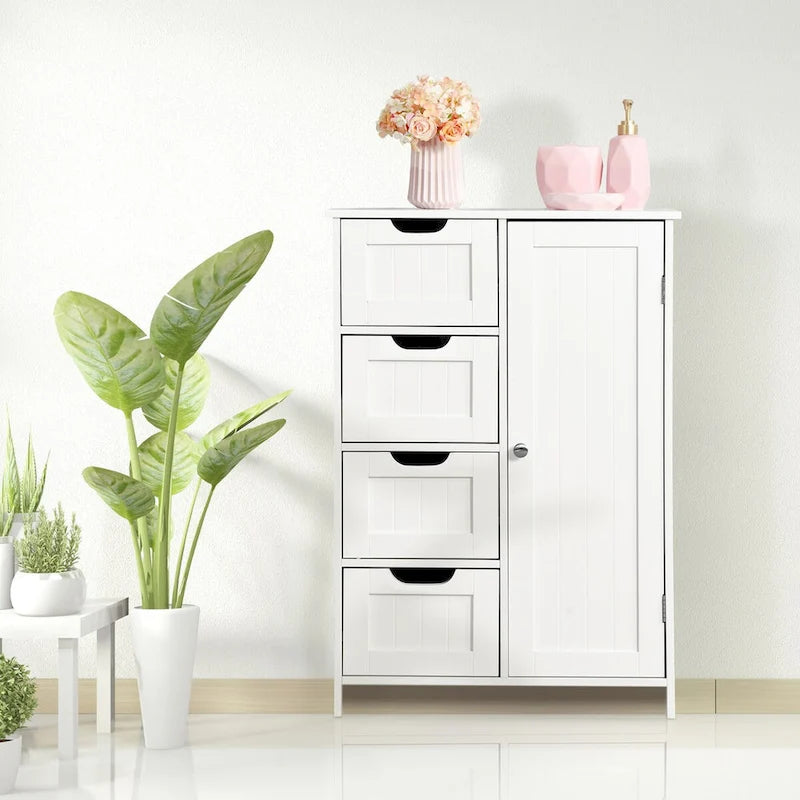 Meuble de rangement de salle de bain blanc, meuble bas avec étagère réglable et tiroirs