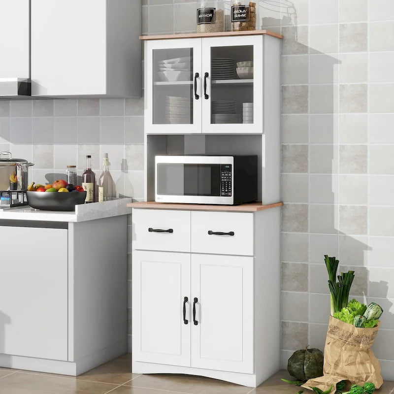 Meuble de Cuisine en Bois Blanc, Armoire de Rangement pour Cellier, Meuble Micro-Ondes avec Portes Vitrées et Tiroir