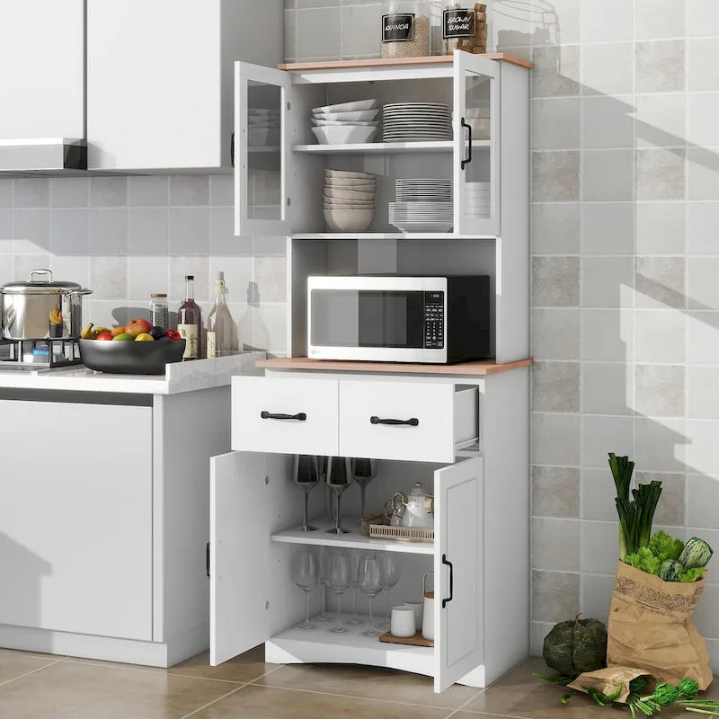 Meuble de Cuisine en Bois Blanc, Armoire de Rangement pour Cellier, Meuble Micro-Ondes avec Portes Vitrées et Tiroir
