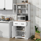 Meuble de Cuisine en Bois Blanc, Armoire de Rangement pour Cellier, Meuble Micro-Ondes avec Portes Vitrées et Tiroir