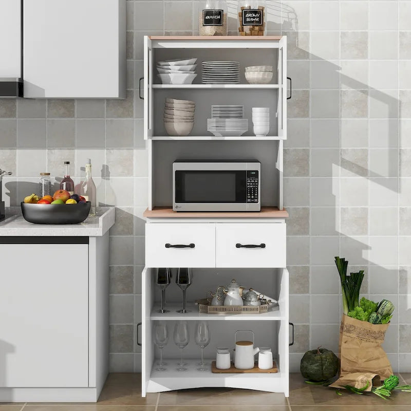 Meuble de Cuisine en Bois Blanc, Armoire de Rangement pour Cellier, Meuble Micro-Ondes avec Portes Vitrées et Tiroir