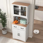 Meuble de Cuisine en Bois Blanc, Armoire de Rangement pour Cellier, Meuble Micro-Ondes avec Portes Vitrées et Tiroir