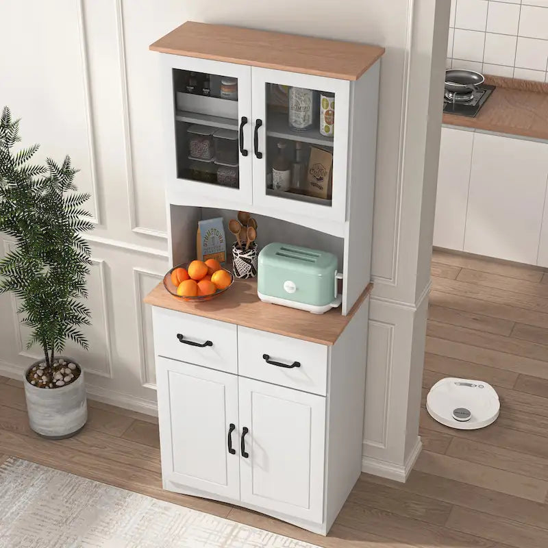 Meuble de Cuisine en Bois Blanc, Armoire de Rangement pour Cellier, Meuble Micro-Ondes avec Portes Vitrées et Tiroir