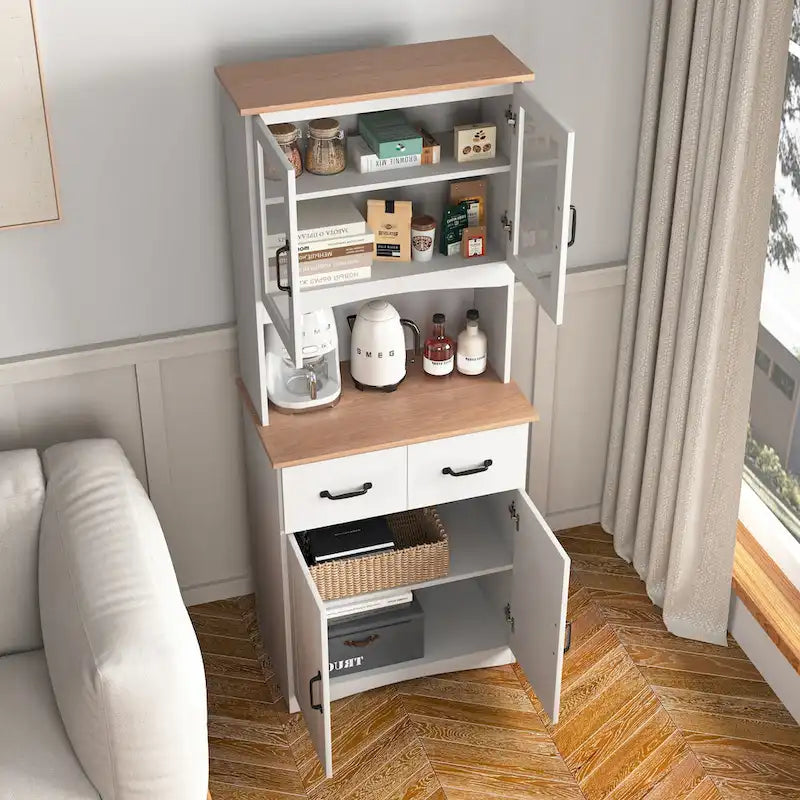 Meuble de Cuisine en Bois Blanc, Armoire de Rangement pour Cellier, Meuble Micro-Ondes avec Portes Vitrées et Tiroir