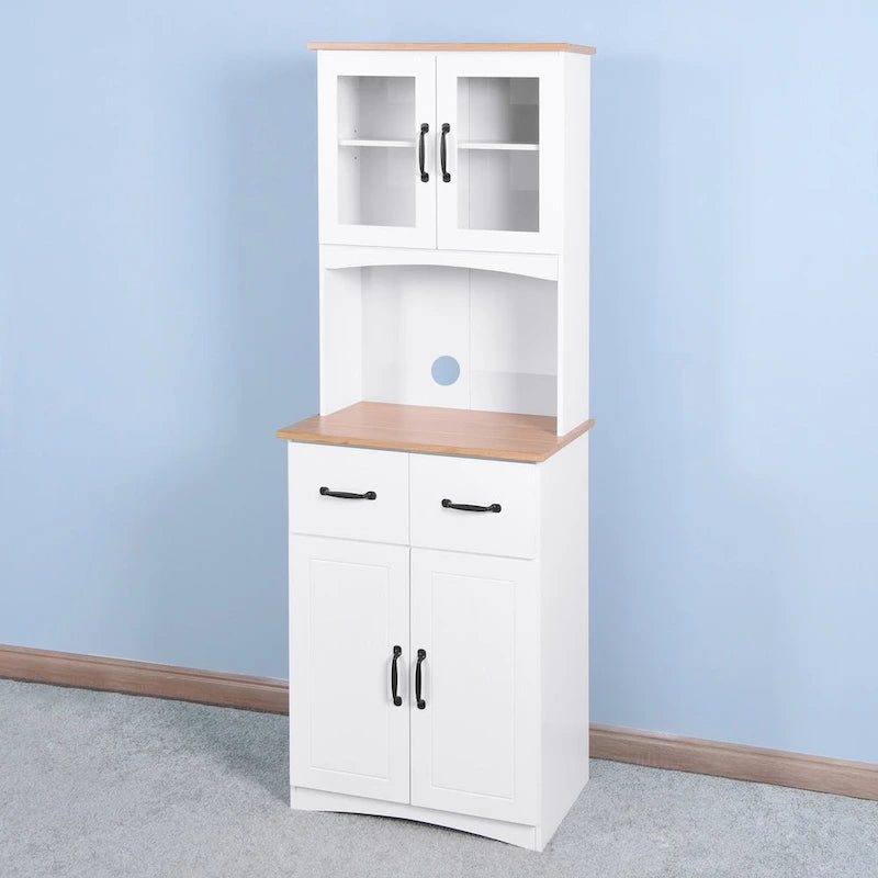 Meuble de Cuisine en Bois Blanc, Armoire de Rangement pour Cellier, Meuble Micro-Ondes avec Portes Vitrées et Tiroir