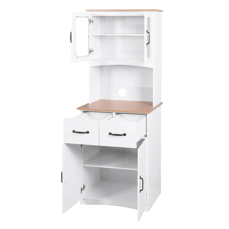 Meuble de Cuisine en Bois Blanc, Armoire de Rangement pour Cellier, Meuble Micro-Ondes avec Portes Vitrées et Tiroir