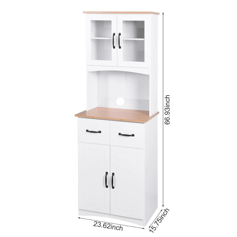 Meuble de Cuisine en Bois Blanc, Armoire de Rangement pour Cellier, Meuble Micro-Ondes avec Portes Vitrées et Tiroir