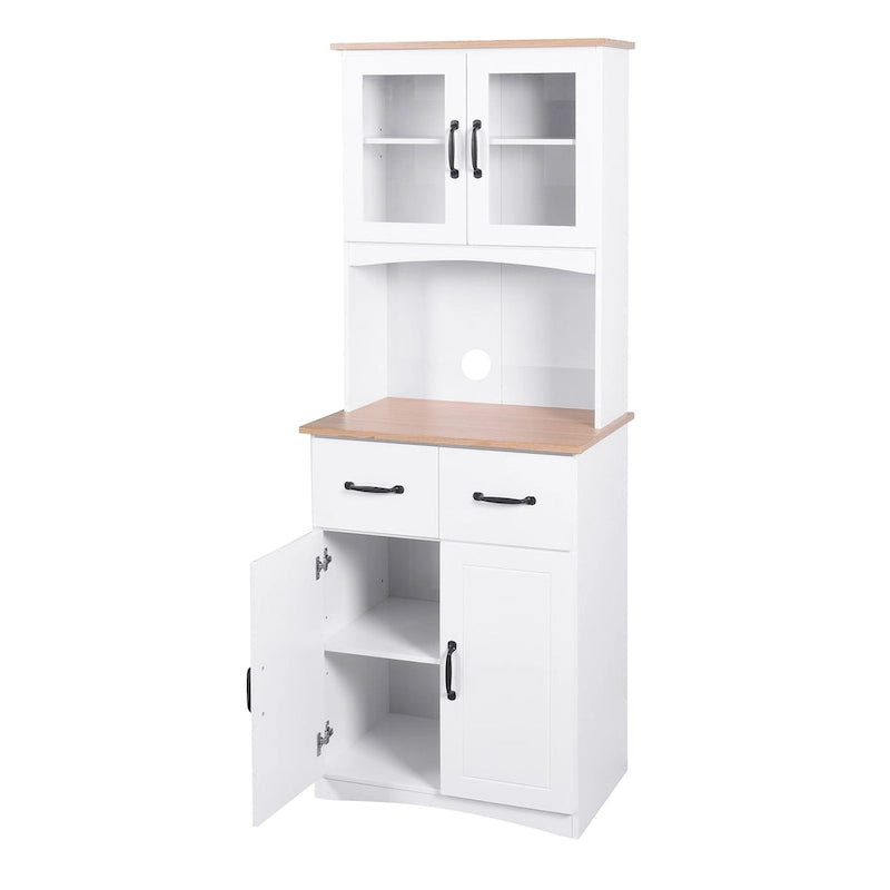 Meuble de Cuisine en Bois Blanc, Armoire de Rangement pour Cellier, Meuble Micro-Ondes avec Portes Vitrées et Tiroir