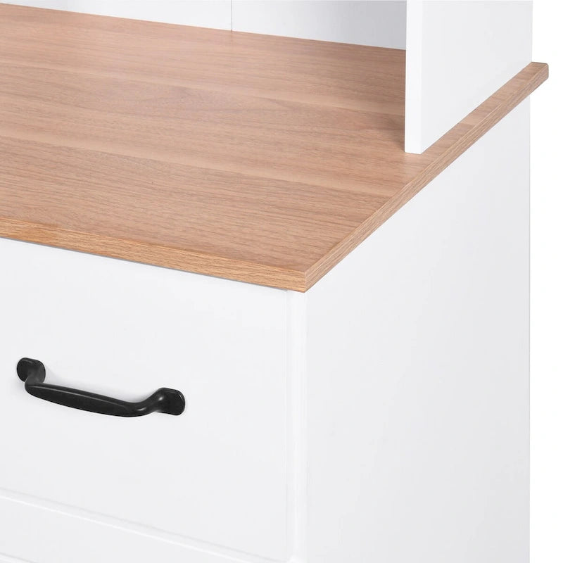 Meuble de Cuisine en Bois Blanc, Armoire de Rangement pour Cellier, Meuble Micro-Ondes avec Portes Vitrées et Tiroir