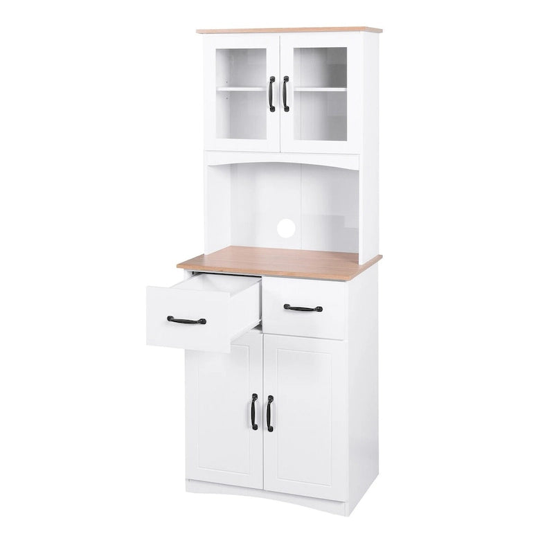Meuble de Cuisine en Bois Blanc, Armoire de Rangement pour Cellier, Meuble Micro-Ondes avec Portes Vitrées et Tiroir