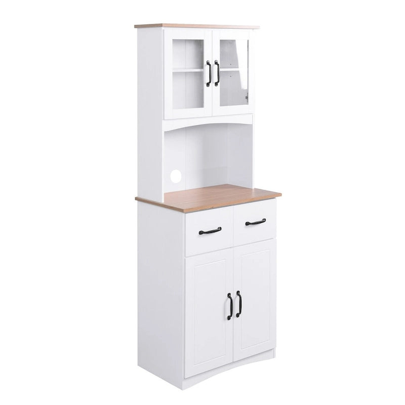 Meuble de Cuisine en Bois Blanc, Armoire de Rangement pour Cellier, Meuble Micro-Ondes avec Portes Vitrées et Tiroir