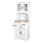 Meuble de Cuisine en Bois Blanc, Armoire de Rangement pour Cellier, Meuble Micro-Ondes avec Portes Vitrées et Tiroir