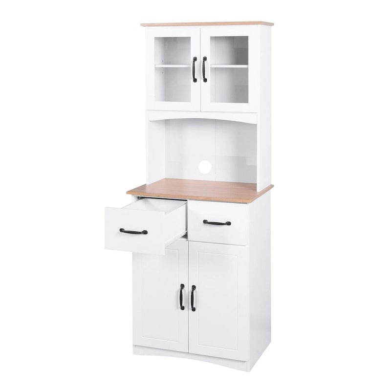 Meuble de Cuisine en Bois Blanc, Armoire de Rangement pour Cellier, Meuble Micro-Ondes avec Portes Vitrées et Tiroir