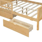 Cadre de lit maison pleine grandeur avec tiroirs, lit plate-forme maison avec lumières LED, étagères de rangement et tiroirs, lit de repos en bois avec toit et garde-corps