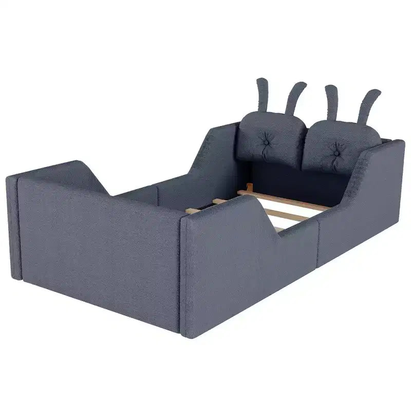 Lit plateforme double Whisen, cadre de lit rembourré pour enfants avec coussin lapin, barrières latérales amovibles
