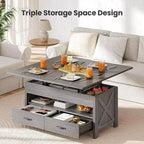 Table basse relevable avec espace de rangement, table basse style ferme, table basse avec deux tiroirs, table basse pour salon et bureau