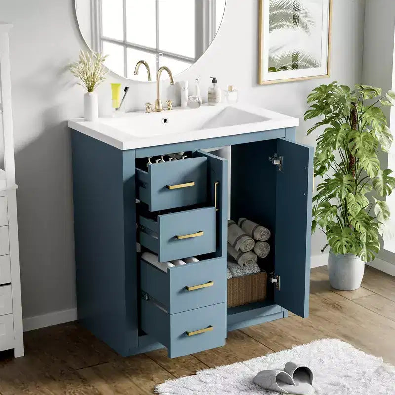 Meuble-lavabo simple de 76 cm avec armoire et 3 tiroirs – Noir / Bleu / Vert / Indigo / Blanc