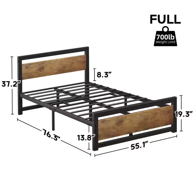 Cadre de lit robuste avec tête et pied de lit, plateforme métallique avec rangement de 35 cm, sans bruit et assemblage sans outils, marron vintage