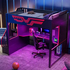 Lit mezzanine pleine grandeur pour gamer avec bureau et lumière LED, lit surélevé pleine grandeur en bois avec escalier de rangement et USB, rouge + noir