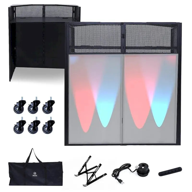 Table de DJ portable avec toiles lumineuses intégrées, étui de transport robuste et dimensions compactes de 40x20 pouces