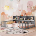 Lit de sol Montessori double/complet avec étagères de rangement et barrières de sécurité Blanc/Gris