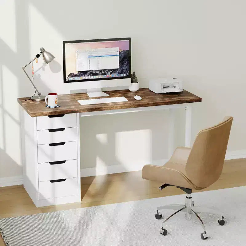 Bureau d'ordinateur de 119 cm avec 5 tiroirs de rangement, table d'étude/d'écriture réversible de style rustique moderne, poste de travail de bureau à domicile pour petits espaces