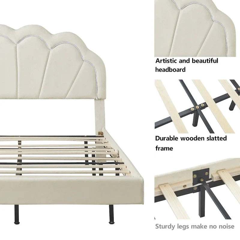 Ensembles de chambre à coucher 2 pièces – Lit plateforme double avec LED et pouf de rangement