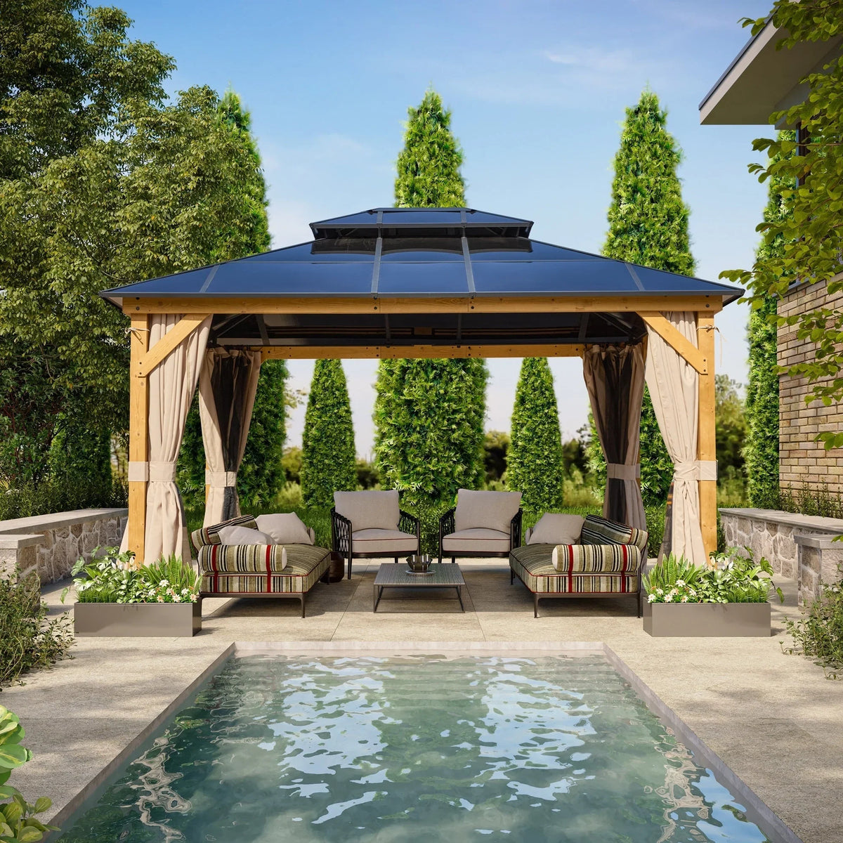 Tonnelle EROMMY à toit rigide, pergola extérieure avec double toit, moustiquaire et rideaux, auvent robuste pour patio, jardin, fête au bord de la piscine
