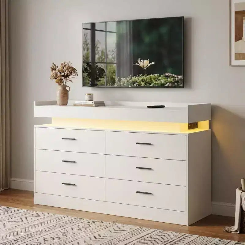 Meuble TV moderne avec 6 tiroirs et lumières LED, bar à café flottant pour centre de divertissement de salon