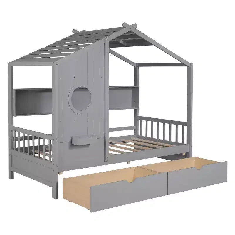Lit cabane en bois double/complet avec 2 tiroirs, lit pour enfants avec étagère de rangement - ModernLuxe
