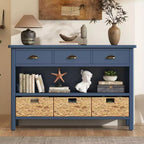 Console de table d'entrée avec rangement, table de couloir de style ferme avec 3 tiroirs et 3 paniers en jacinthe d'eau pour salon ou hall d'entrée - Panipeachy