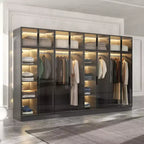 Armoire de luxe Hitow Pure Black avec portes en verre trempé, armoire LED 3 couleurs, organisateur de placard de chambre du sol au plafond, placard de dressing