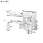 Lit mezzanine une place avec bureau en L, 3 tiroirs, placard, rangements intégrés dans l'escalier, en pin massif/MDF
