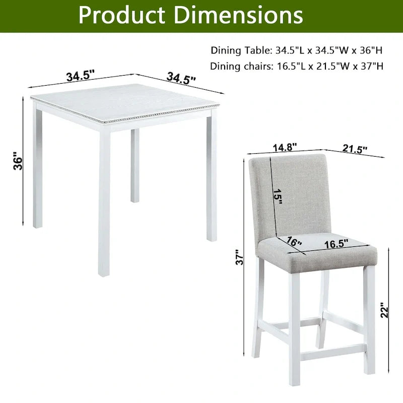 Ensemble de salle à manger moderne 5 pièces avec table carrée hauteur comptoir et 4 chaises rembourrées