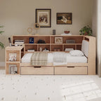 Canapé-lit d'angle en bois en forme de L avec bureau, bibliothèque, lit d'angle avec tiroirs de rangement, tête de lit rembourrée et éclairage intégré