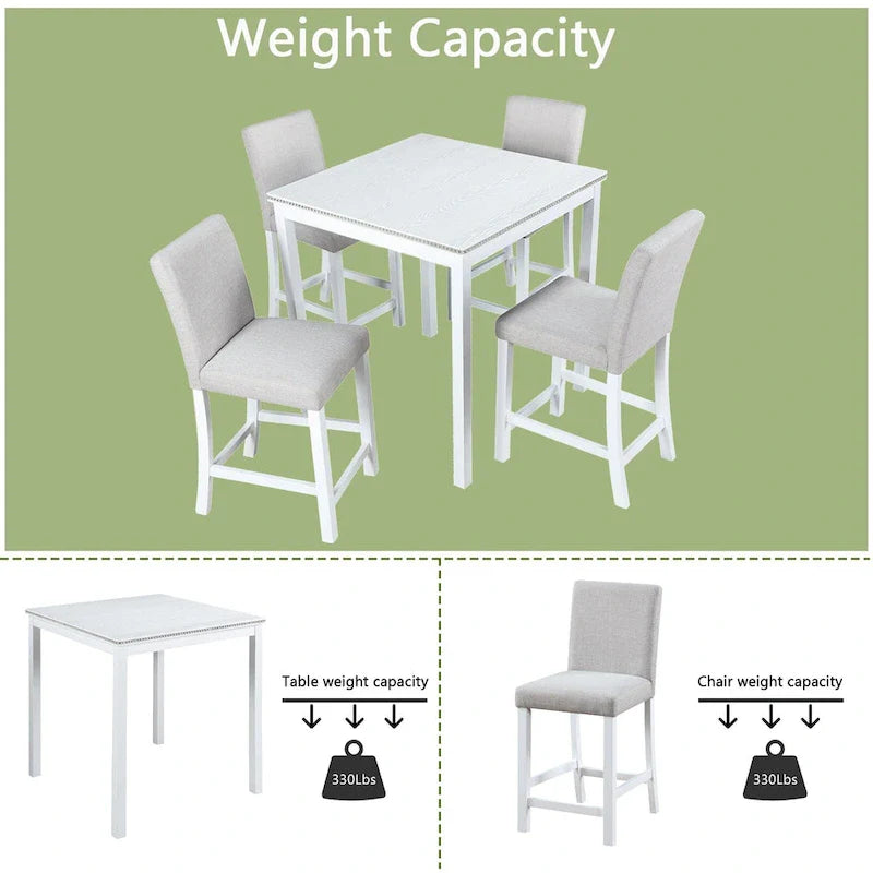 Ensemble de salle à manger moderne 5 pièces avec table carrée hauteur comptoir et 4 chaises rembourrées