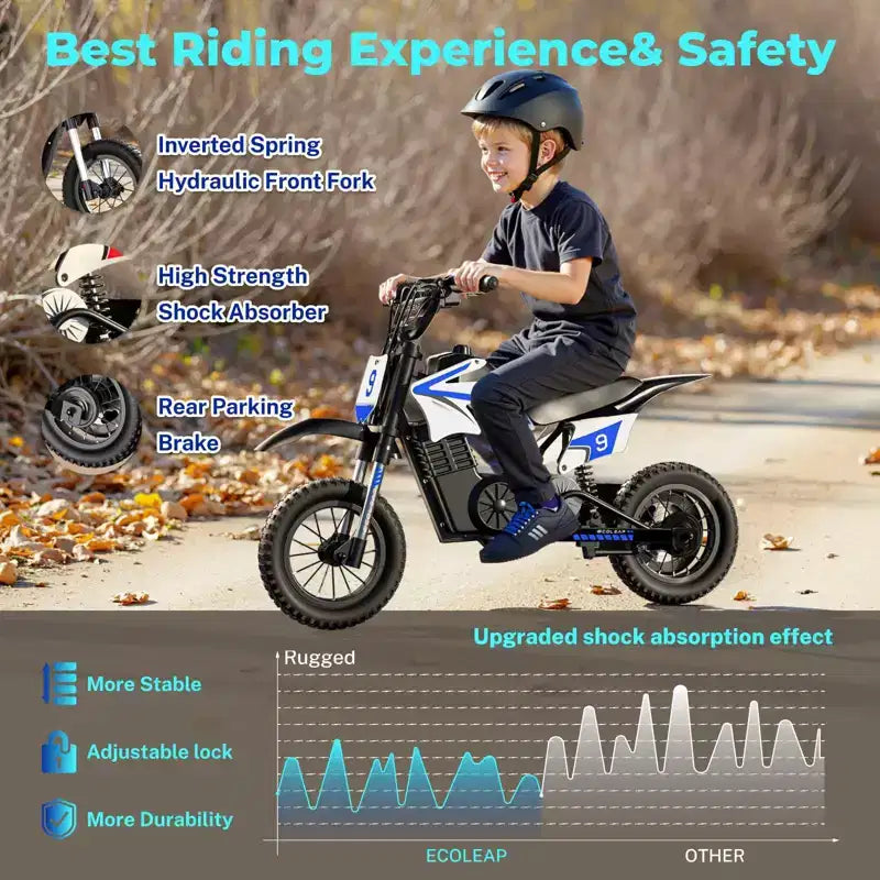 Moto tout-terrain électrique pour enfants ECOLEAP K1, 36V, rapide (25 km/h), autonomie de 22 km, moteur de pointe 700W, 3 modes de vitesse, pneus tout-terrain de 12 pouces, homologuée UL, pour les 3-10 ans.
