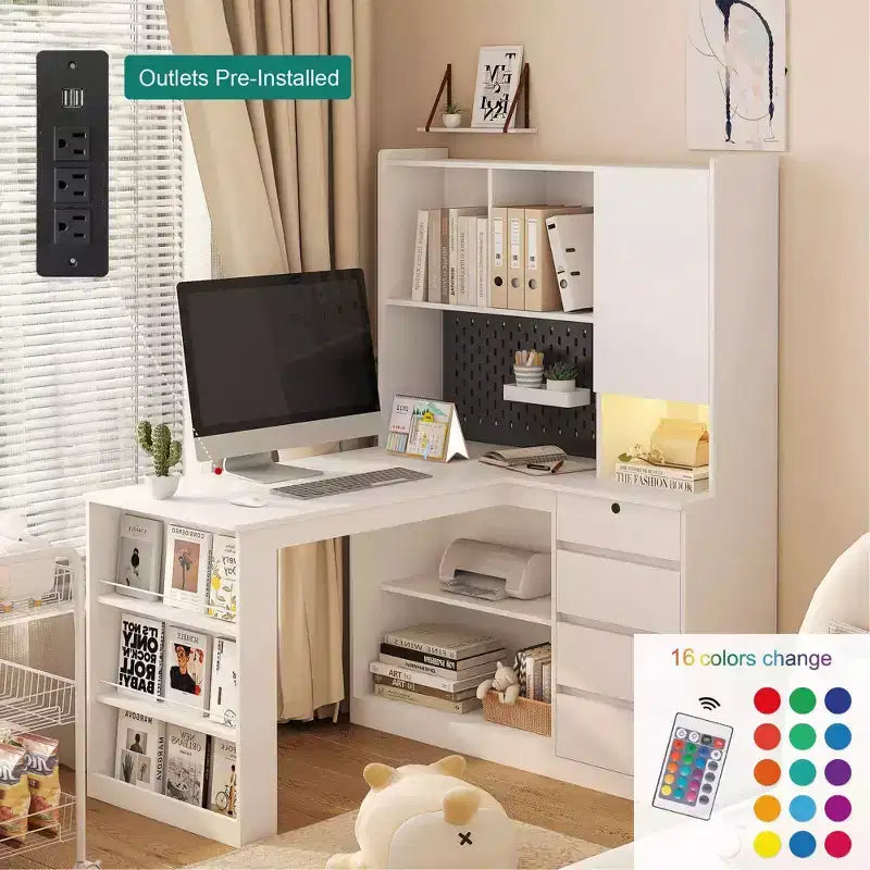 Bureau d'angle en L de 46 pouces avec bibliothèque et tiroirs